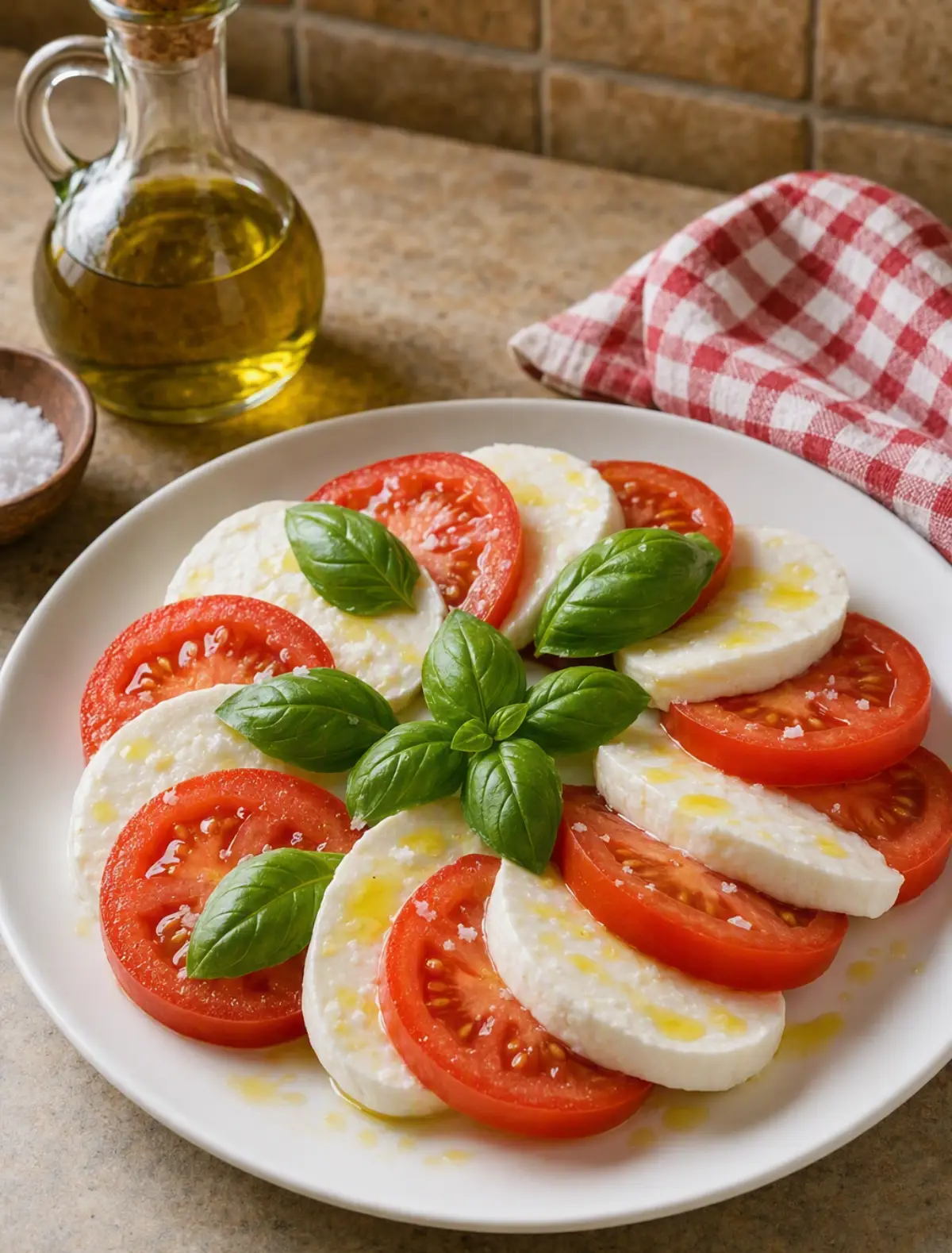 Insalata Caprese con pomodori, mozzarella, basilico e olio extravergine di oliva