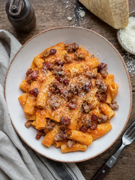 Pasta alla Zozzona with guanciale, Italian sausage, tomatoes, and Pecorino Romano
