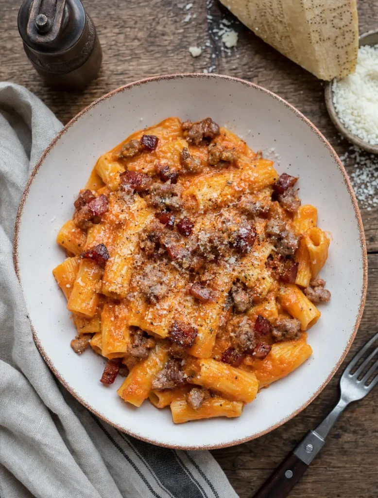 Pasta alla Zozzona con guanciale, salsiccia, pomodoro e Pecorino Romano