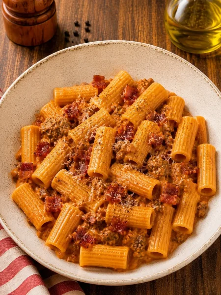 Pasta alla Zozzona con guanciale, salsiccia, pomodoro e Pecorino Romano