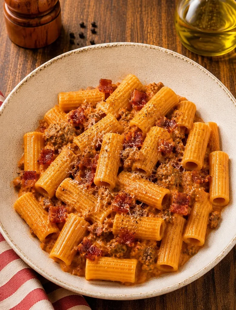 Pasta alla Zozzona con guanciale, salsiccia, pomodoro e Pecorino Romano