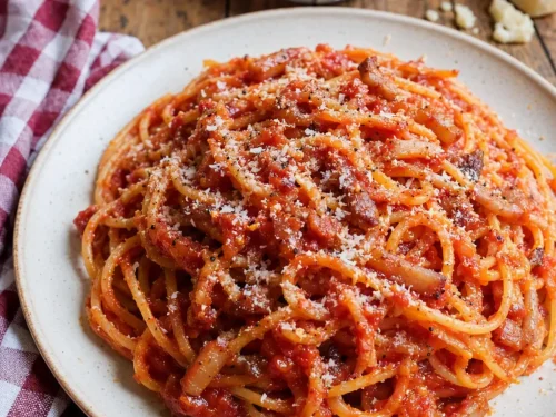 Spaghetti all’Amatriciana con guanciale, pomodoro e Pecorino Romano