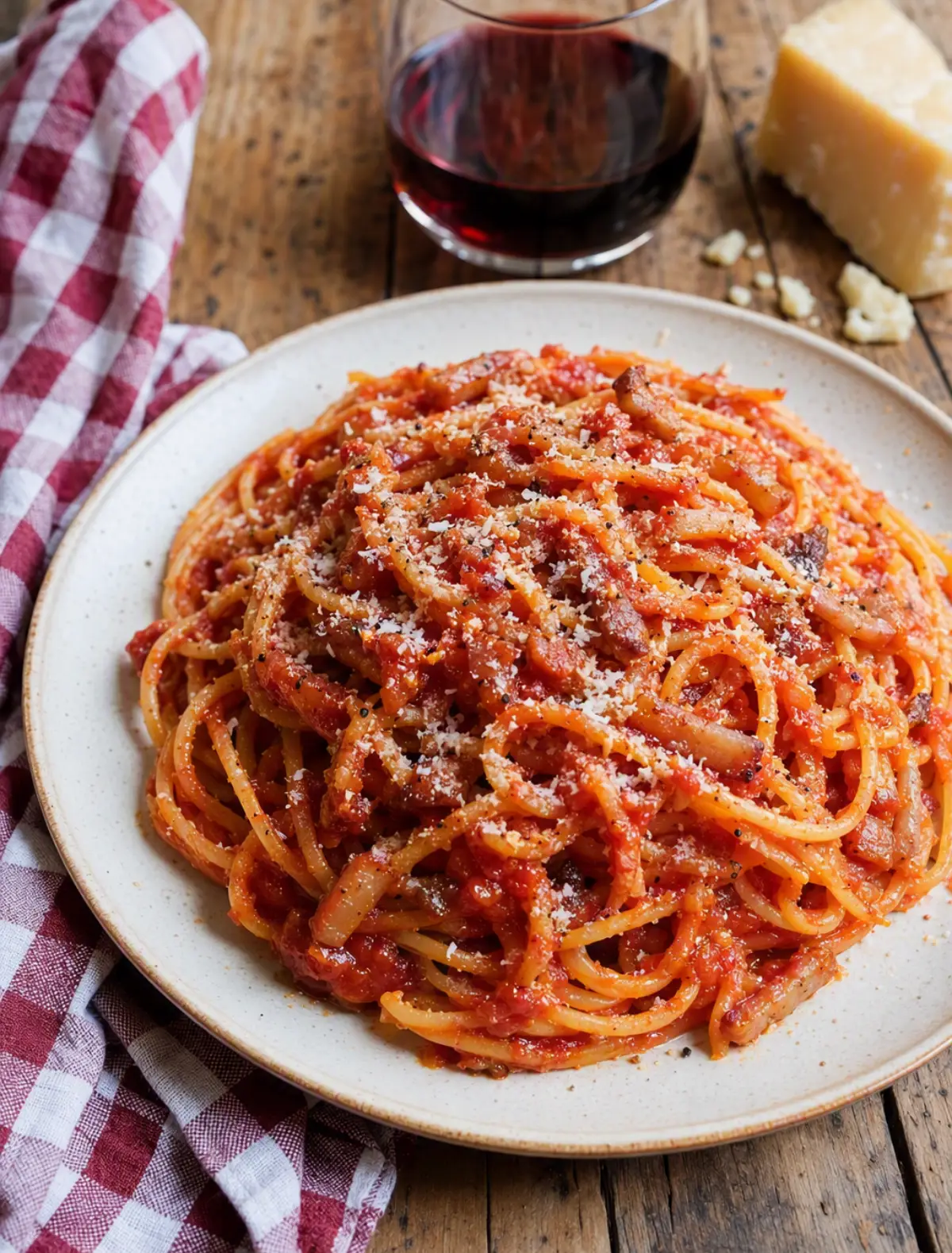 Spaghetti all’Amatriciana con guanciale, pomodoro e Pecorino Romano
