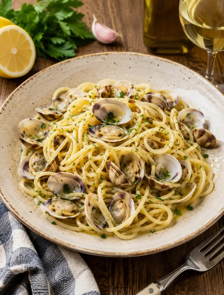 Spaghetti alle Vongole con vongole veraci, aglio e prezzemolo