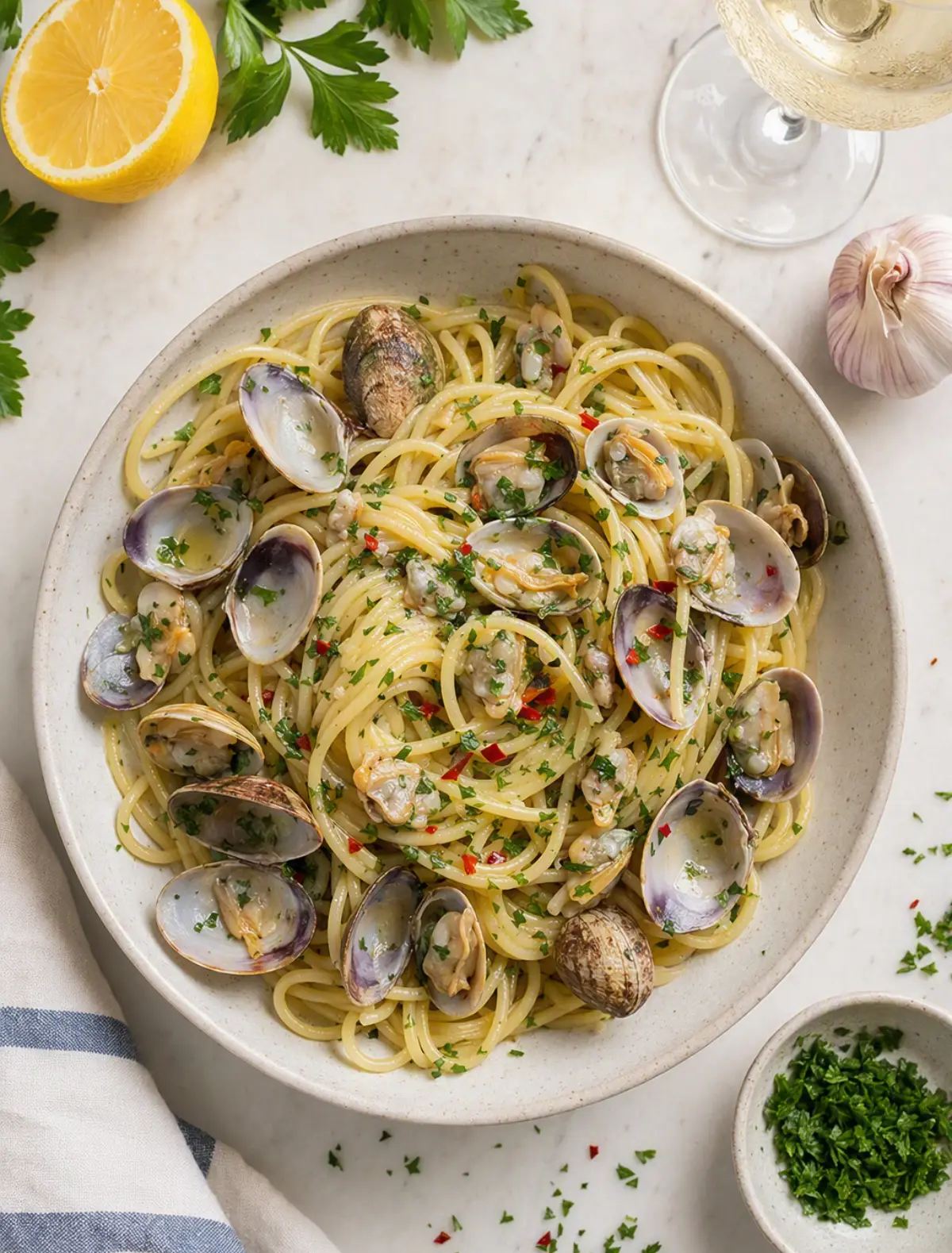 Spaghetti alle vongole con aglio, prezzemolo e olio extravergine