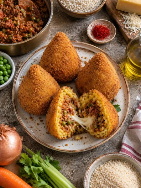 Arancini siciliani al ragù nella tradizionale forma a cono