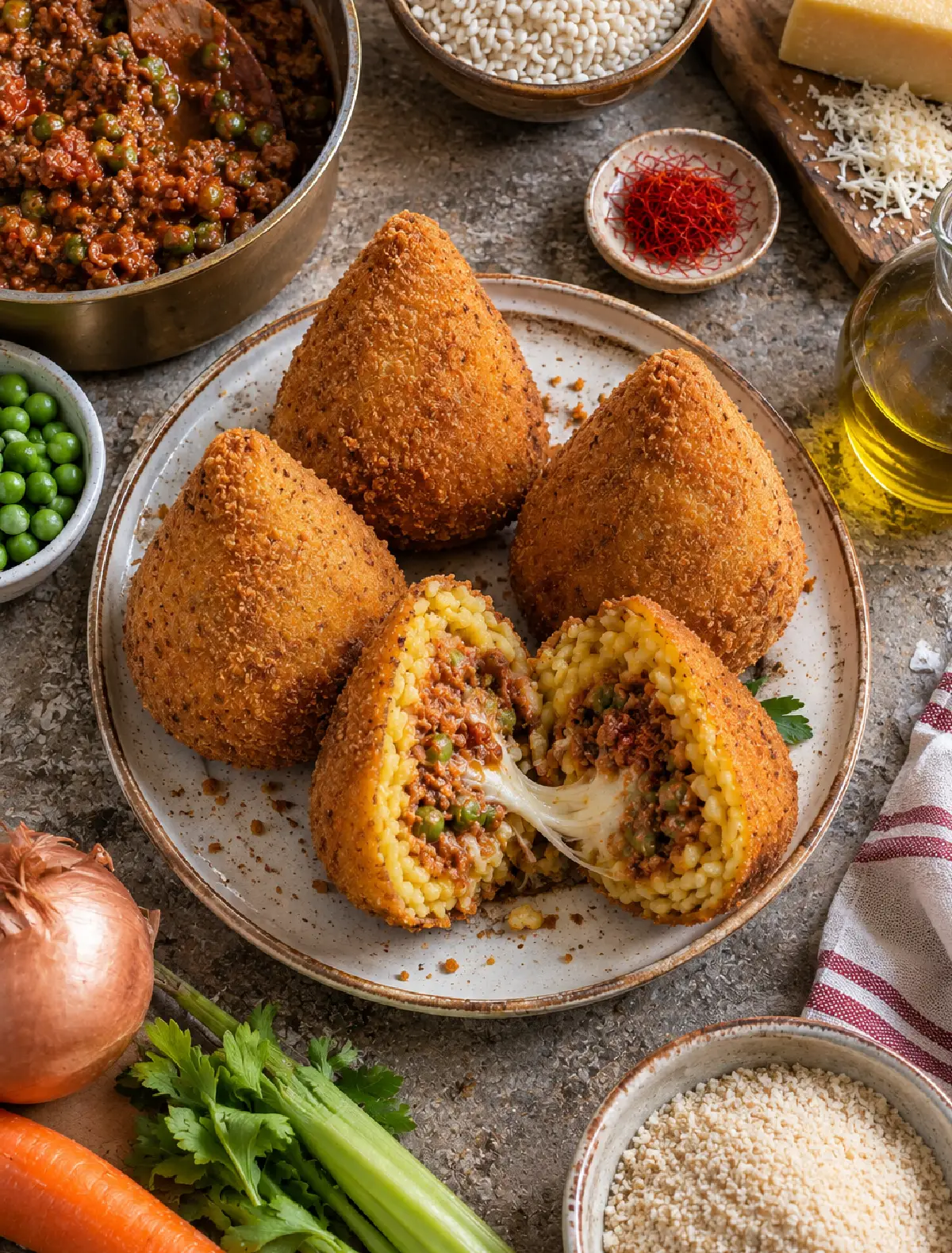 Arancini siciliani al ragù nella tradizionale forma a cono