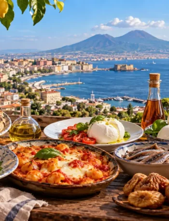 Piatti tipici della cucina campana con Pizza Margherita, mozzarella, pomodori, limoni e Vesuvio sullo sfondo