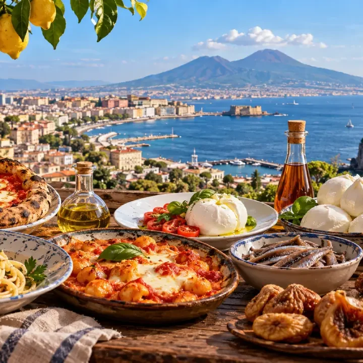 Piatti tipici della cucina campana con Pizza Margherita, mozzarella, pomodori, limoni e Vesuvio sullo sfondo