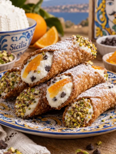 Cannoli Siciliani con ricotta di pecora, pistacchio e arancia candita