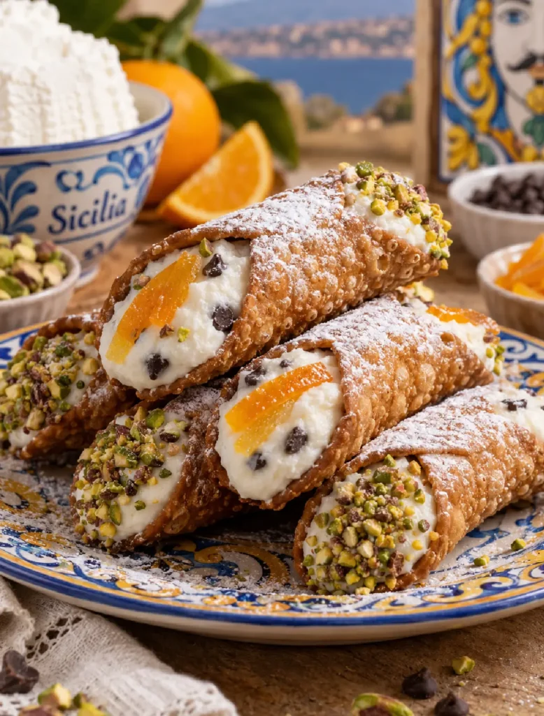 Sicilian Cannoli with sheep’s milk ricotta, pistachios and candied orange peel