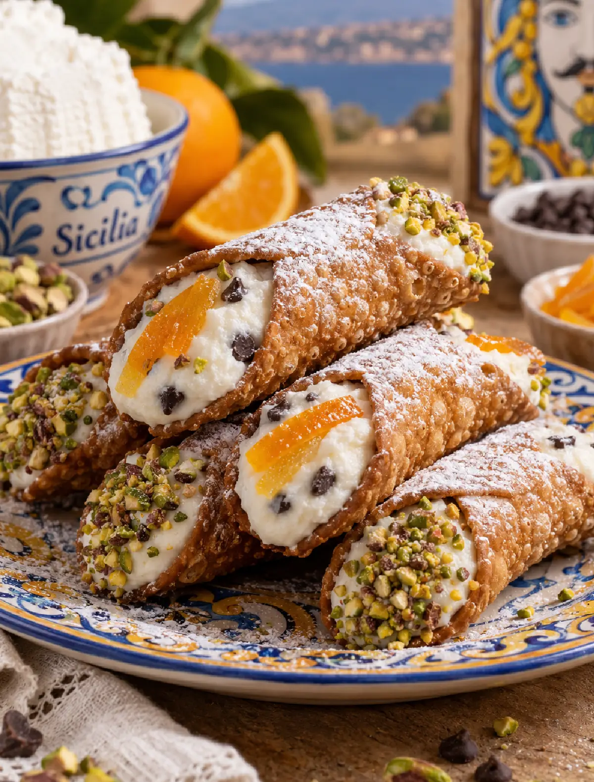 Cannoli Siciliani con ricotta di pecora, pistacchio e arancia candita