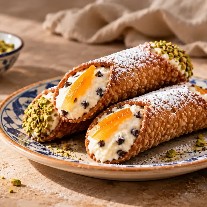 Cannoli Siciliani con ricotta, pistacchio e arancia candita