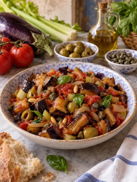 Caponata Siciliana con melanzane, pomodoro, olive e capperi
