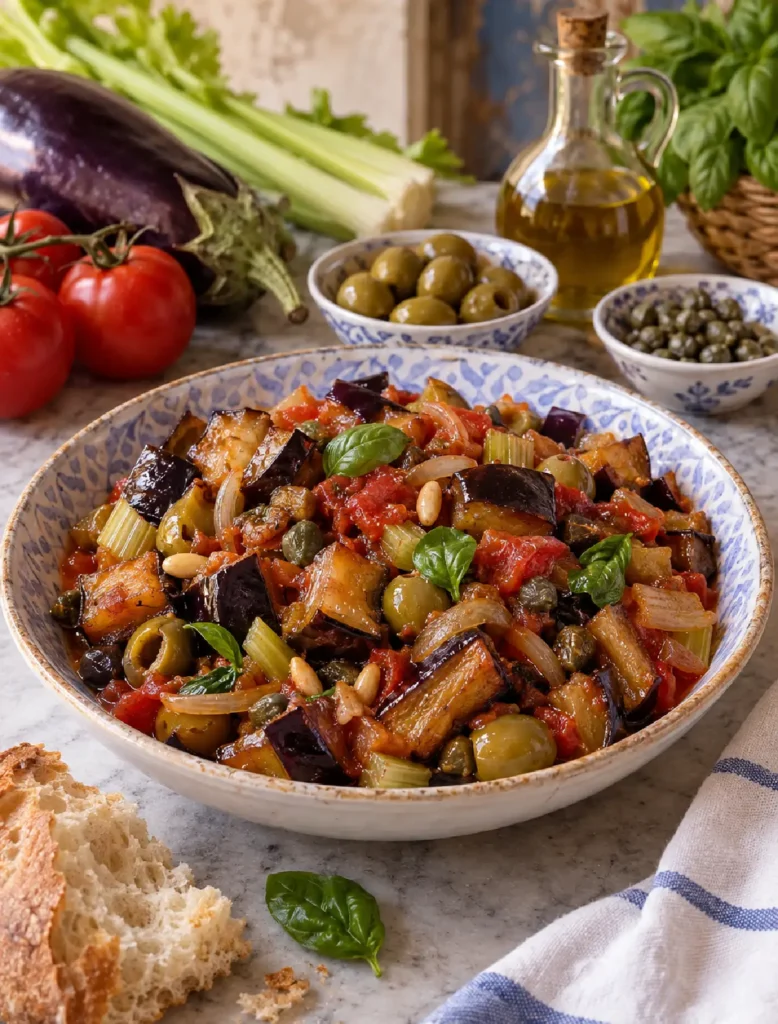 Caponata Siciliana con melanzane, pomodoro, olive e capperi