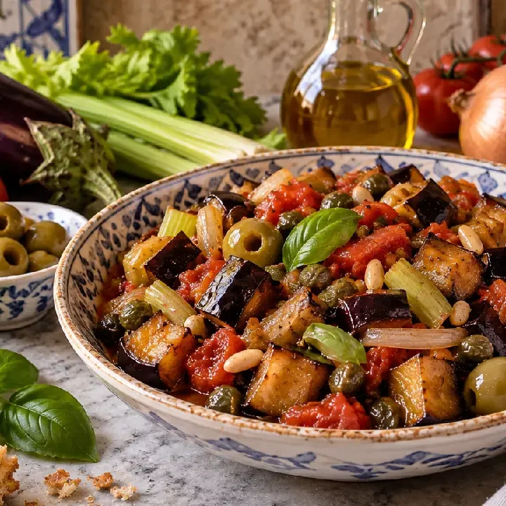 Traditional Sicilian Caponata with eggplant, olives and capers