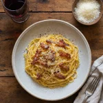Pasta alla Carbonara tradizionale romana con guanciale e Pecorino Romano
