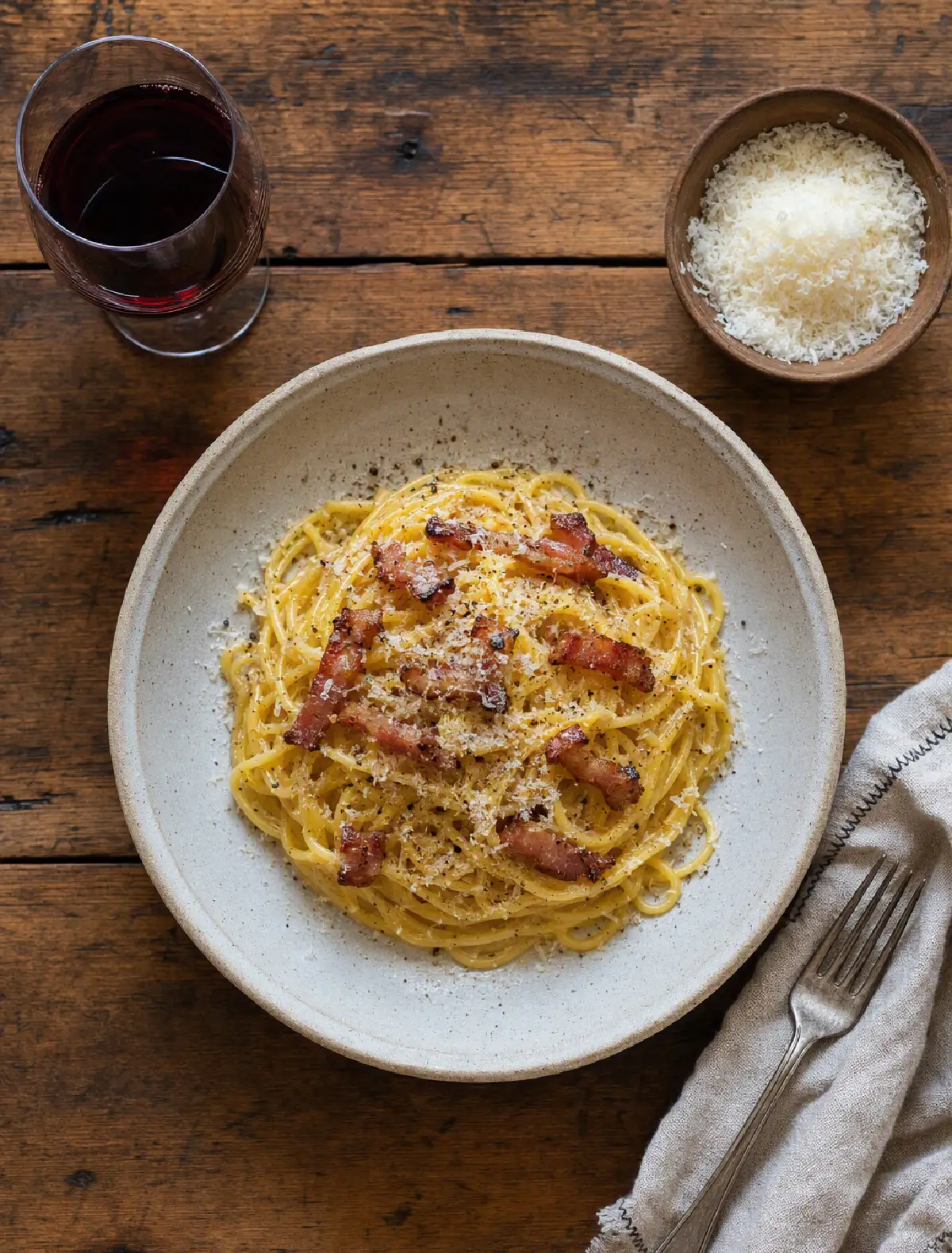 Pasta alla Carbonara tradizionale romana con guanciale e Pecorino Romano