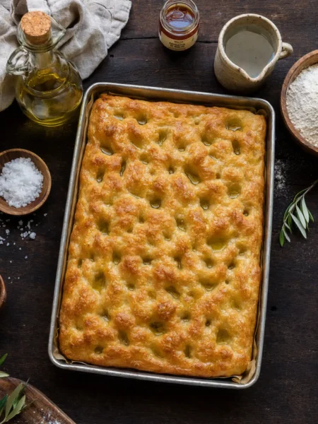 Focaccia Genovese tradizionale con olio extravergine di oliva e fossette