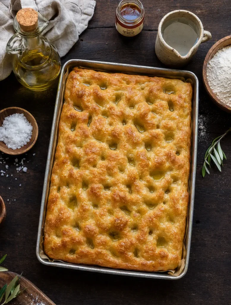 Focaccia Genovese tradizionale con olio extravergine di oliva e fossette