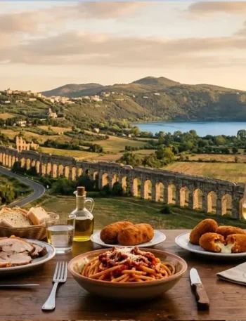 Cucina laziale con Amatriciana, porchetta, supplì e vino sullo sfondo delle campagne del Lazio