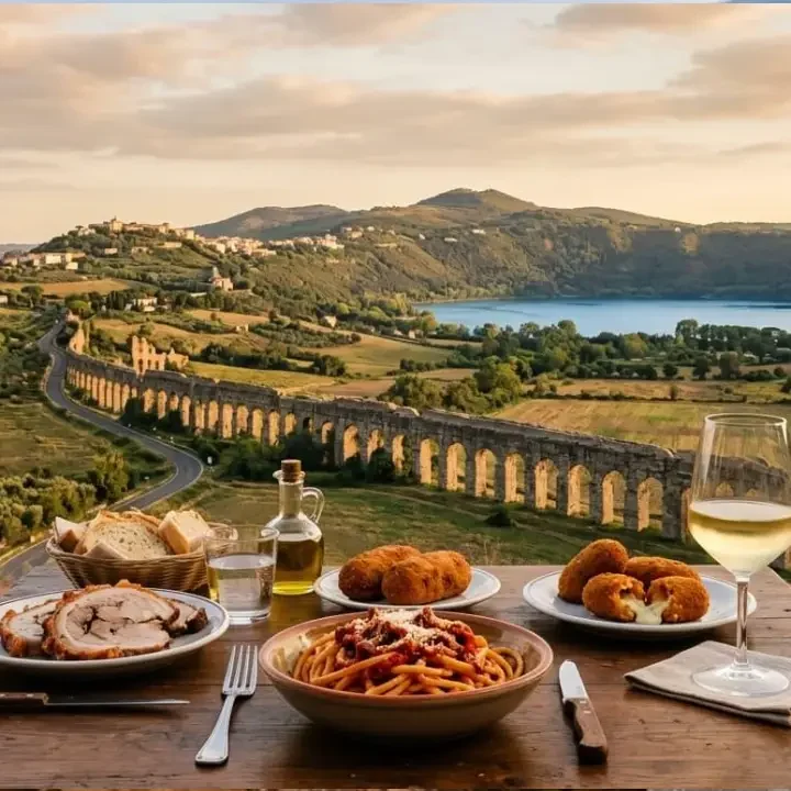 Lazio cuisine with Amatriciana, porchetta, supplì and wine overlooking the Lazio countryside