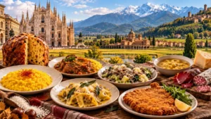 Piatti tipici della cucina lombarda con Risotto alla Milanese, cotoletta, pizzoccheri e specialità regionali