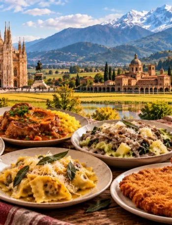 Piatti tipici della cucina lombarda con Risotto alla Milanese, cotoletta, pizzoccheri e specialità regionali