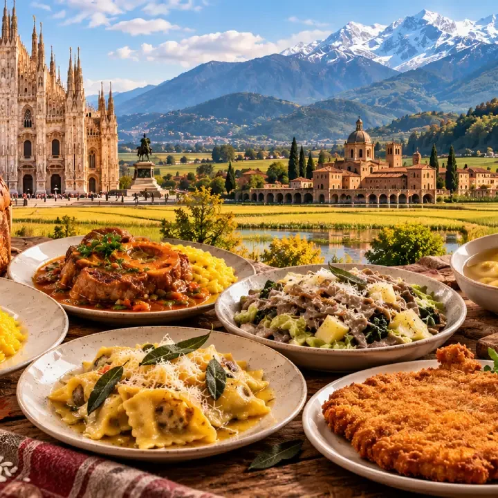 Piatti tipici della cucina lombarda con Risotto alla Milanese, cotoletta, pizzoccheri e specialità regionali