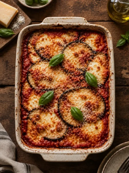 Parmigiana di Melanzane tradizionale con pomodoro, fiordilatte e basilico