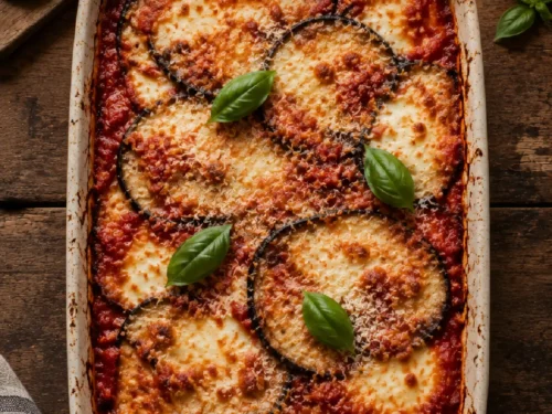Parmigiana di Melanzane tradizionale con pomodoro, fiordilatte e basilico