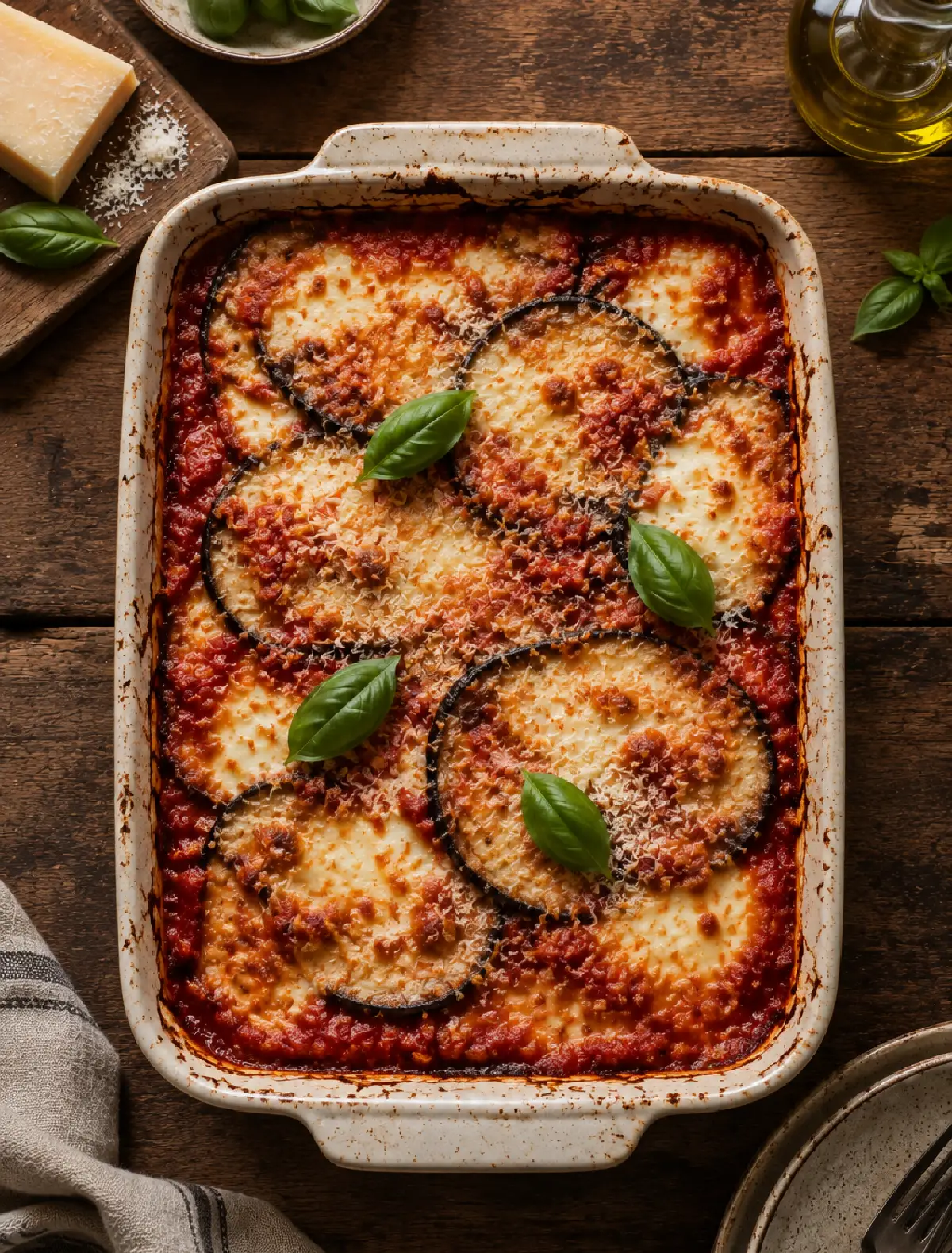Parmigiana di Melanzane tradizionale con pomodoro, fiordilatte e basilico