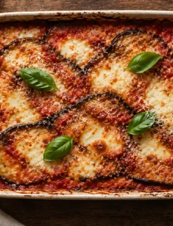 Parmigiana di Melanzane tradizionale con pomodoro, mozzarella e basilico