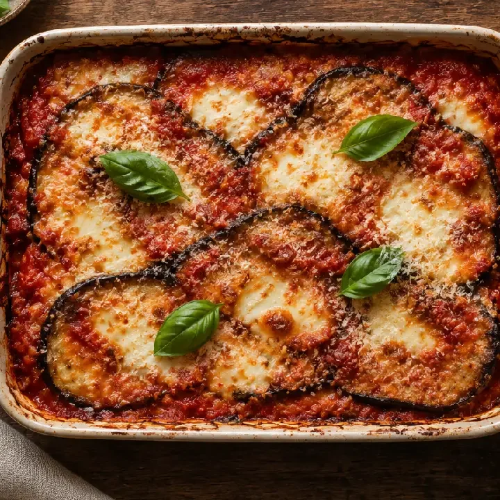 Parmigiana di Melanzane tradizionale con pomodoro, mozzarella e basilico