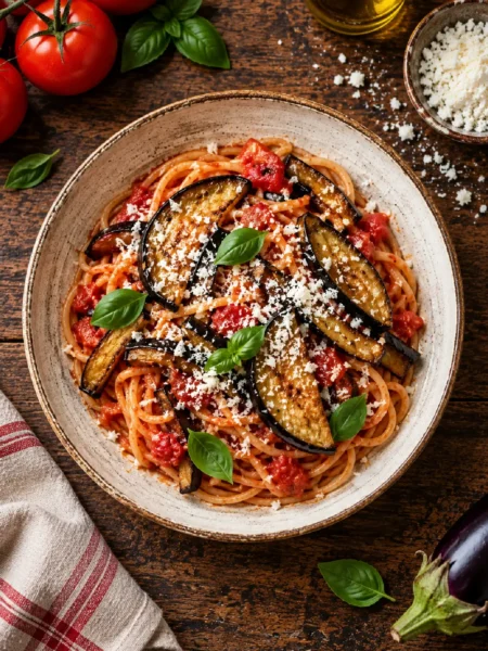 Pasta alla Norma tradizionale con melanzane fritte e ricotta salata