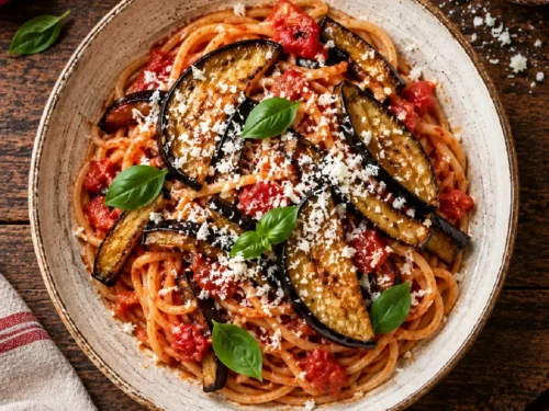 Pasta alla Norma tradizionale con melanzane fritte e ricotta salata