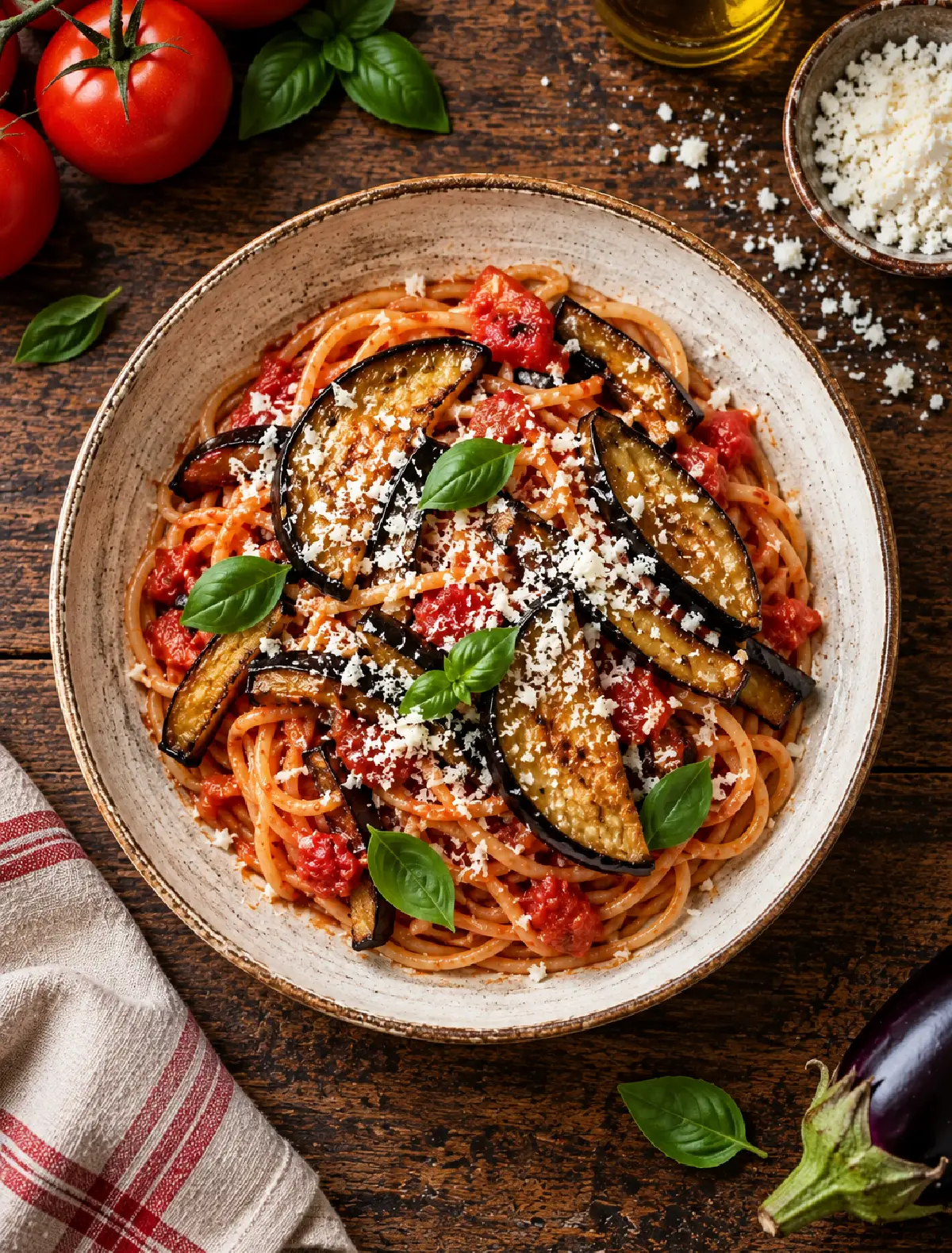Pasta alla Norma tradizionale con melanzane fritte e ricotta salata
