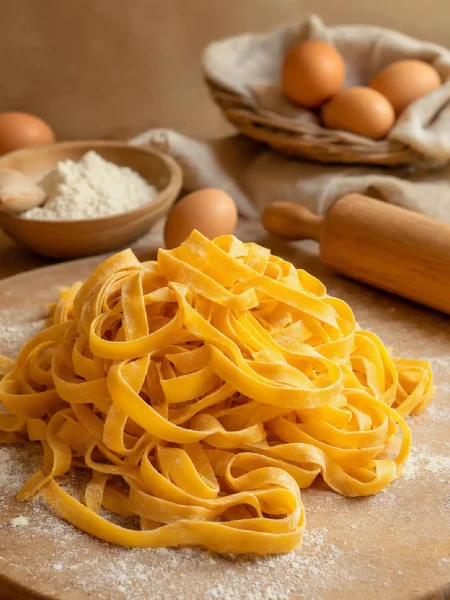 Pasta fresca all'uovo fatta in casa con farina e uova