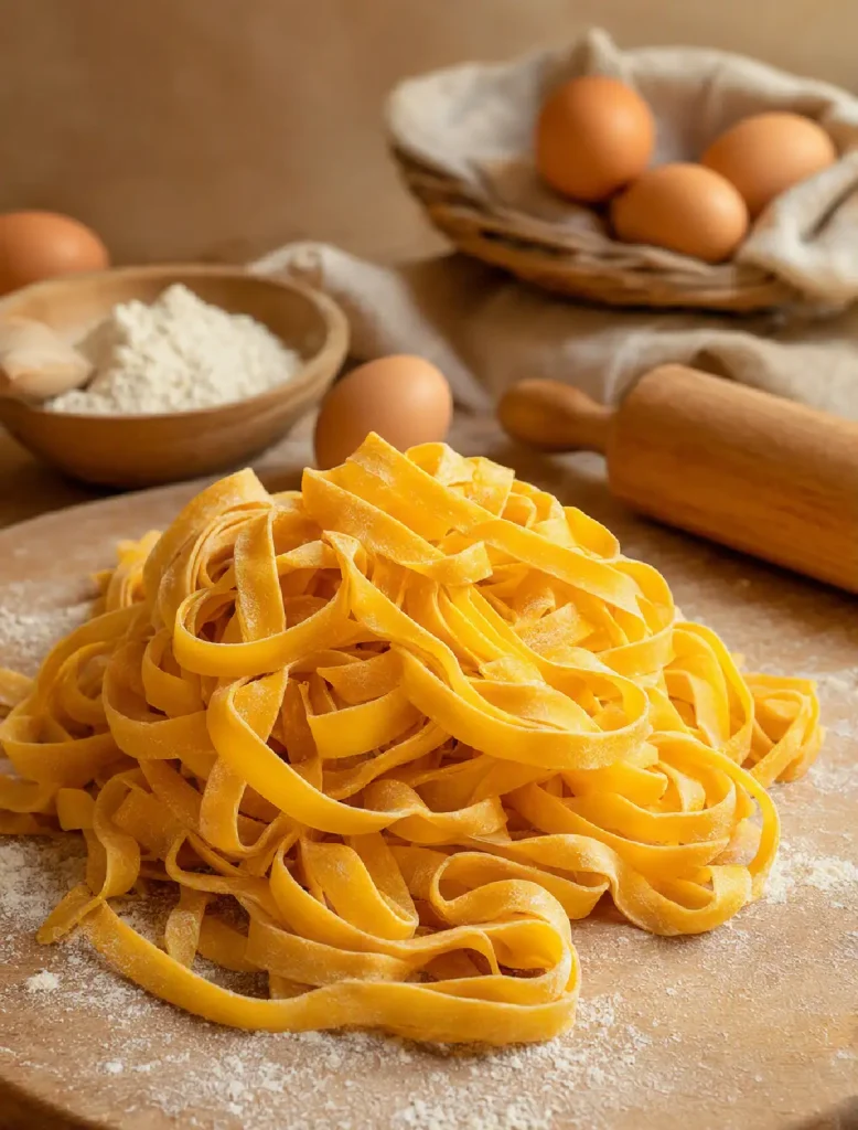 Pasta fresca all'uovo fatta in casa con farina e uova