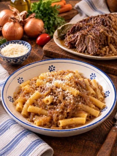 Pasta alla Genovese Napoletana con ziti e sugo di cipolle