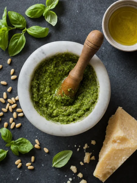 Fresh Pesto alla Genovese in a marble mortar surrounded by basil leaves, pine nuts and extra virgin olive oil