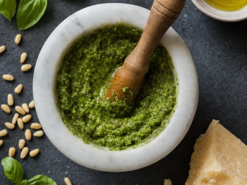 Fresh Pesto alla Genovese in a marble mortar surrounded by basil leaves, pine nuts and extra virgin olive oil