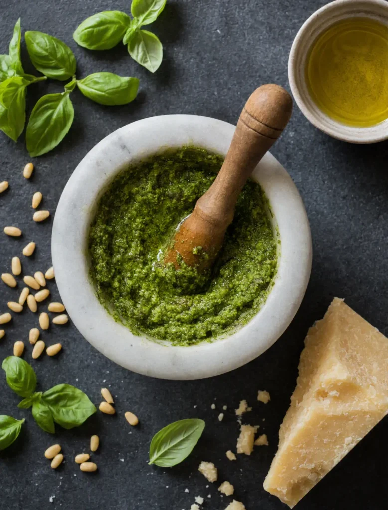 Pesto alla genovese fresco in un mortaio di marmo circondato da foglie di basilico, pinoli e olio extravergine