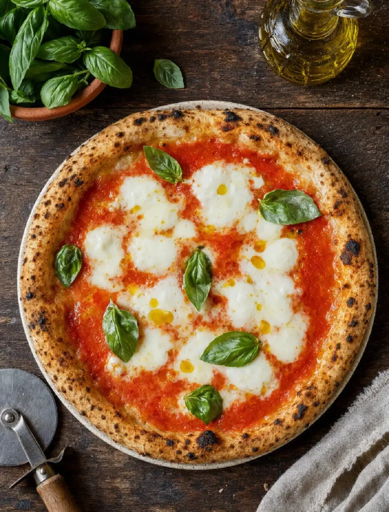Pizza Margherita Napoletana with tomatoes, mozzarella, and basil