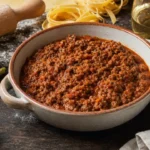 Traditional Ragù alla Bolognese with fresh egg tagliatelle and pasta-making ingredients