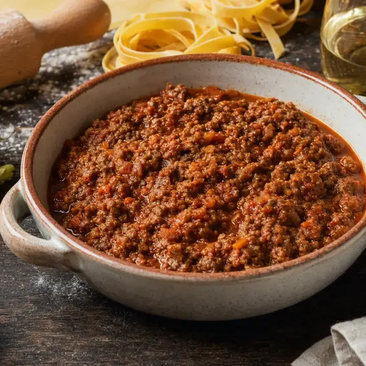 Traditional Ragù alla Bolognese with fresh egg tagliatelle and pasta-making ingredients