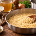 Risotto cremoso in casseruola durante la mantecatura