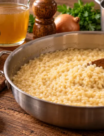 Risotto cremoso in casseruola durante la mantecatura