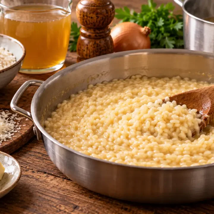 Risotto cremoso in casseruola durante la mantecatura