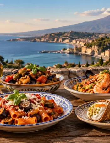 Piatti tipici della cucina siciliana con vista sull'Etna